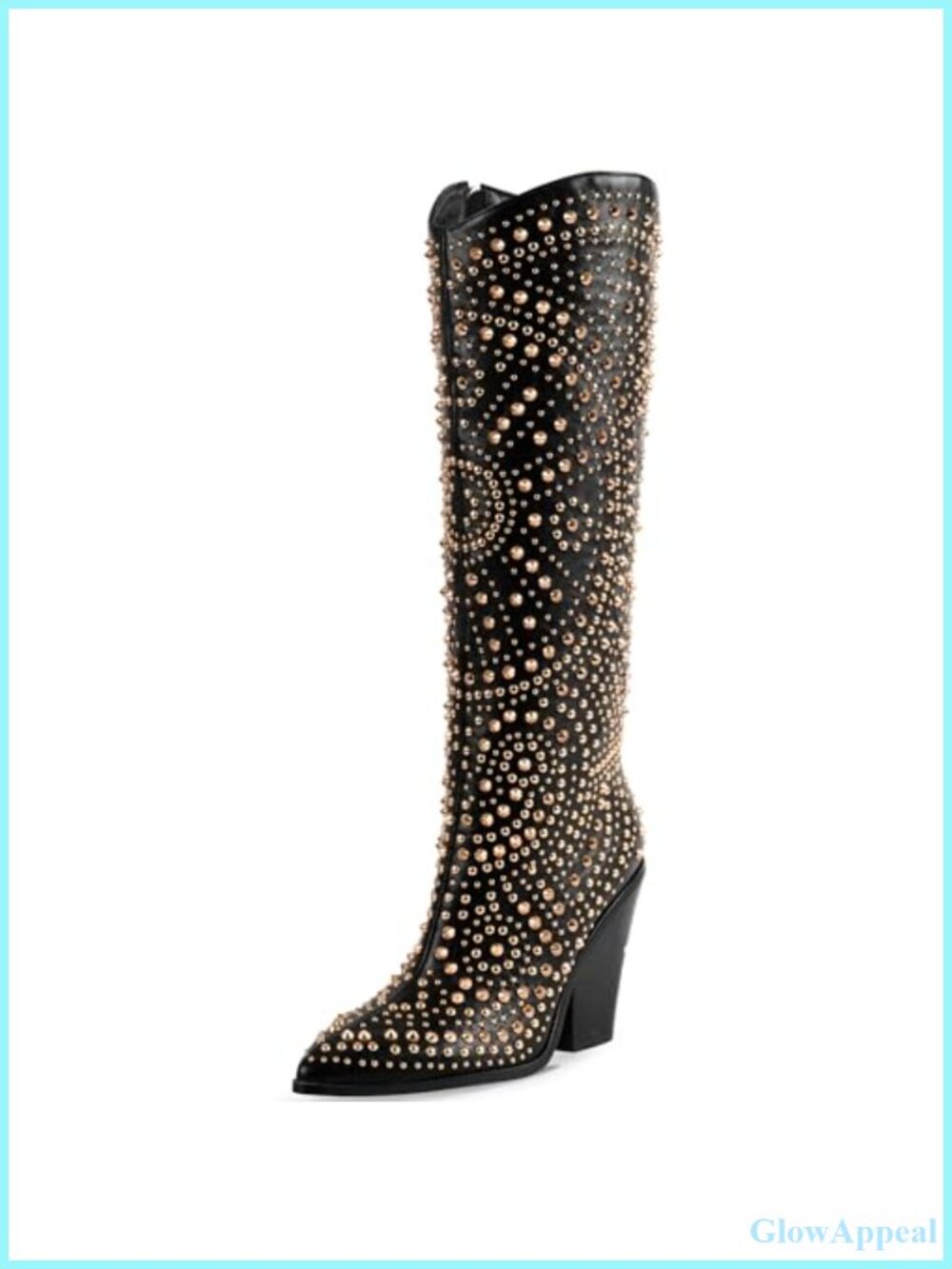 Pointed Toe Chunky Heel Boots Faux Leather Knee High Studded Rivets